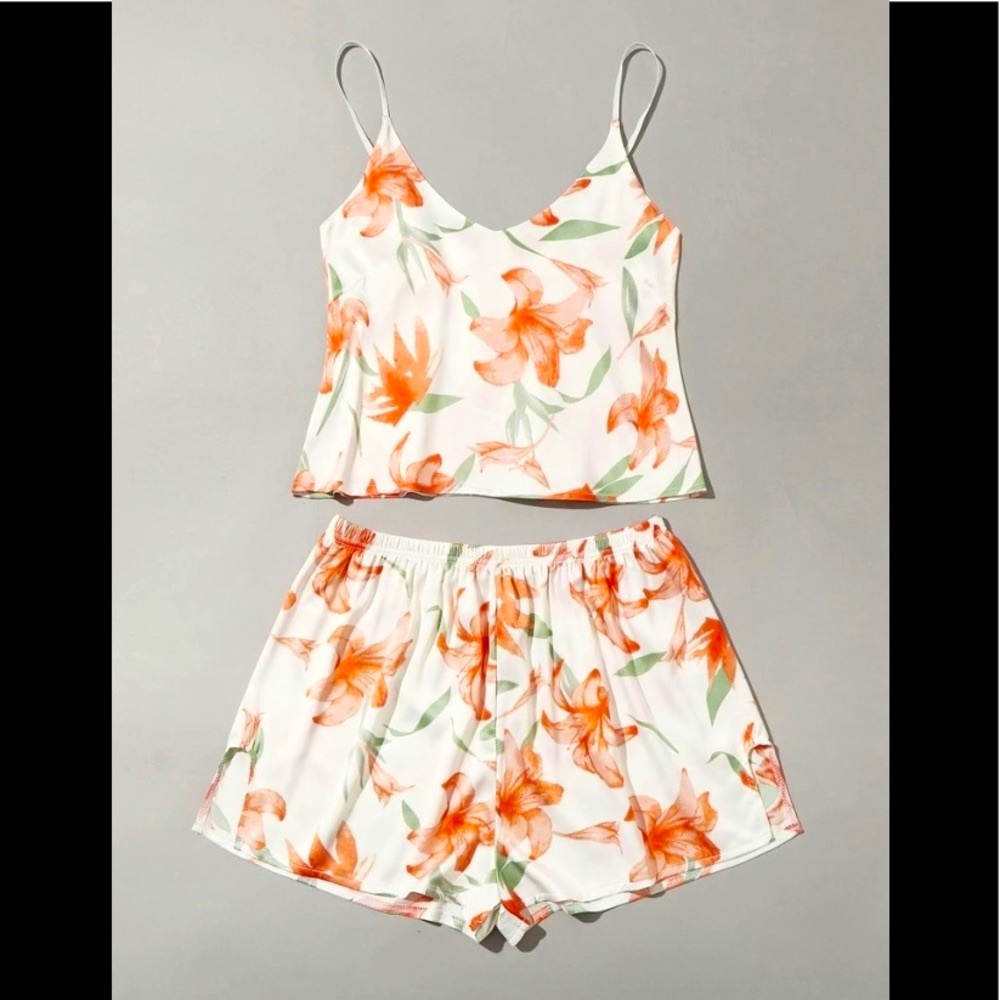 Satin Elegant Florsl Deep V Neck Crop Cami Top & Short 2pc PJs Pajamas Nightwear